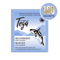 Blueberry Lavender Organic fgdffg tea sachet packaging featuring Tega brand with medium caffeine and gourmet West Coast theme.