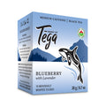 Blueberry Lavender Organic Tea packaging featuring Tega brand and mountain scenery with bold blue colors.