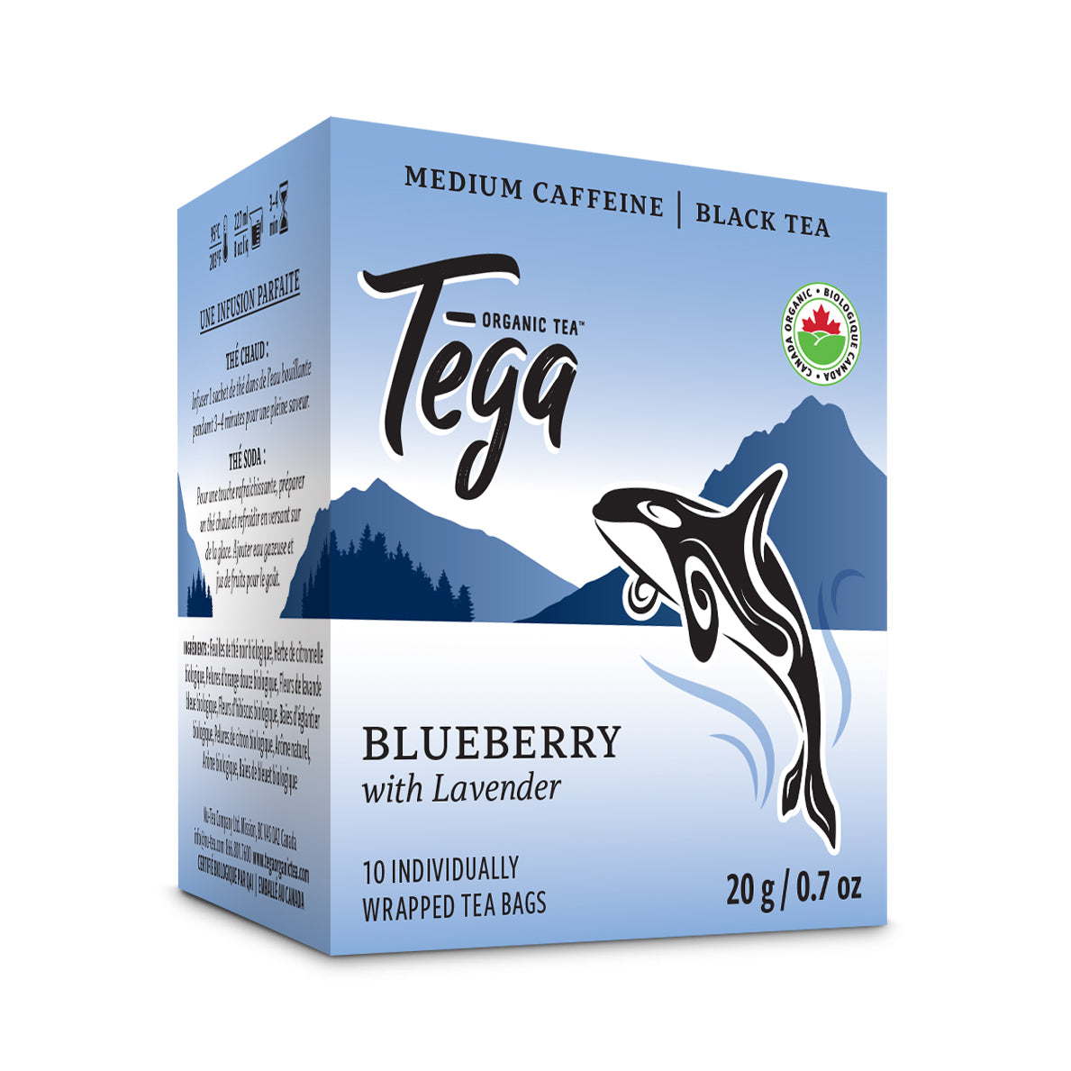 Blueberry Lavender Organic Tea packaging featuring Tega brand and mountain scenery with bold blue colors.
