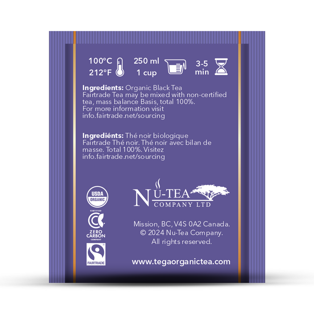 Breakfast Tea Organic Fairtrade packaging with ingredients and brewing instructions for flavorful organic black tea.
