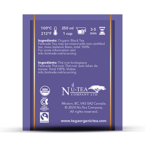 Breakfast Tea Organic Fairtrade packaging with ingredients and brewing instructions for flavorful organic black tea.