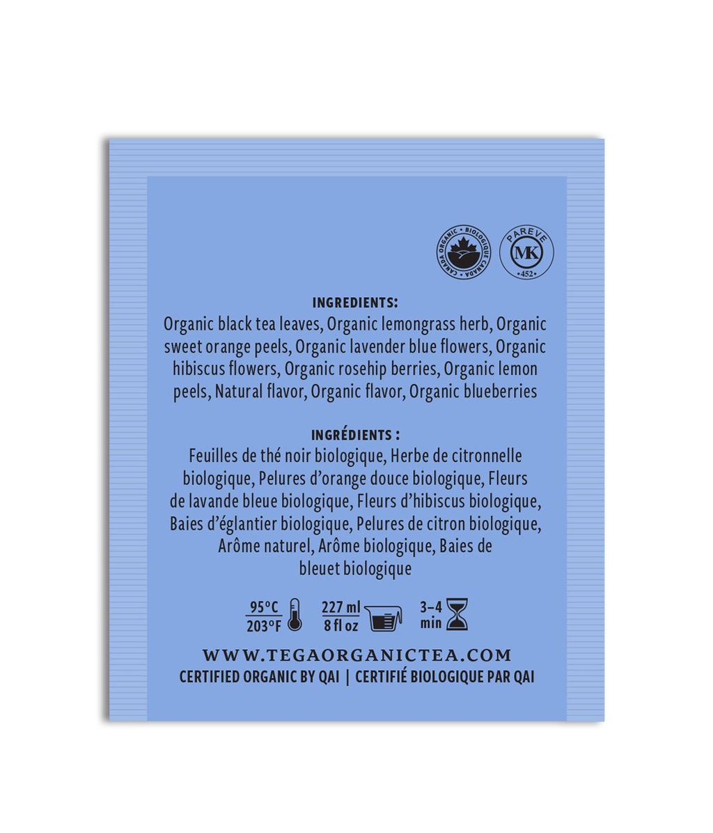 Blueberry Lavender Organic fgdffg tea bag ingredients list with organic components and certifications.