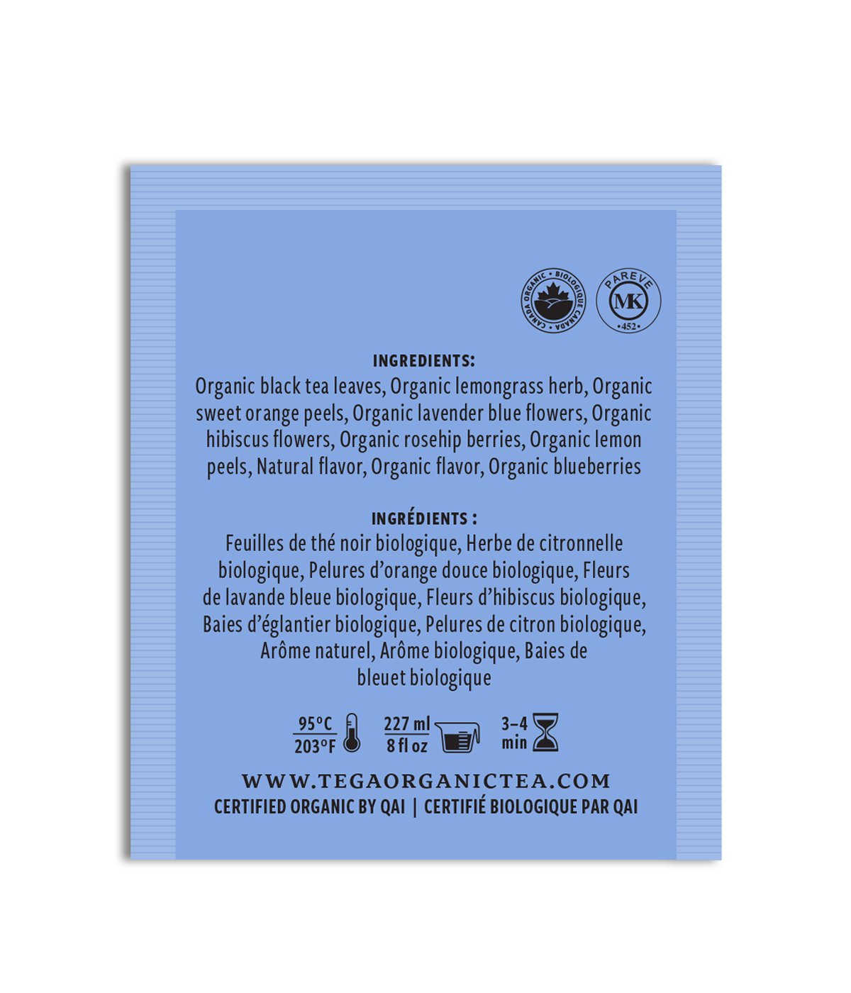 Blueberry Lavender Organic fgdffg tea bag ingredients list with organic components and certifications.